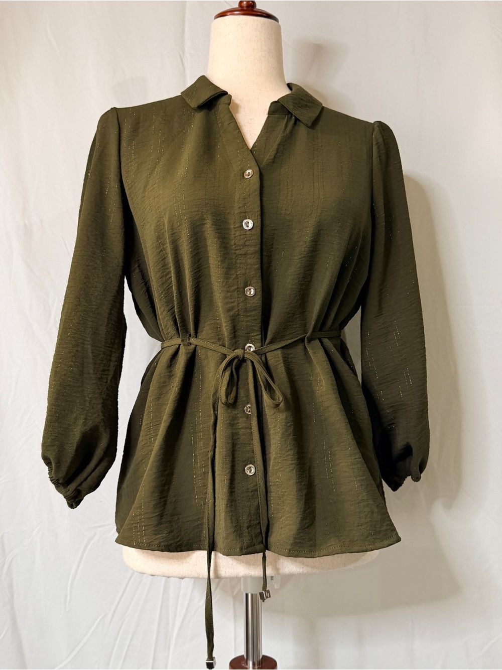 Adrienne Vittadini Olive Green Button-Front Tie-Waist‎ Blouse